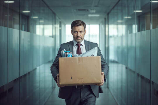 Portrait of unhappy man in a suit carries a box of belongings as he leaves a glass office. Job loss, a career crisis, and depression