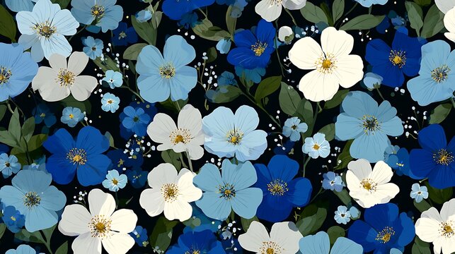 Vibrant blue and white daisies with yellow centers on green foliage background
