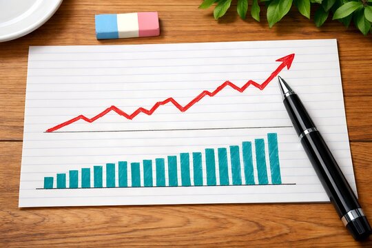右肩上がりの成長と成功を表すビジネスグラフと万年筆