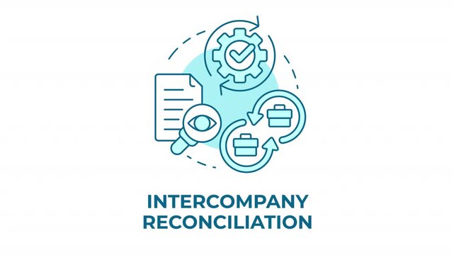 Intercompany reconciliation blue concept icon animation. Financial data alignment. Corporate ledger auditing. Accounting systems. Cyan circular animated abstract idea. HD video with alpha channel