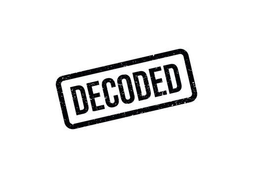 Black ink rubber stamp with the word decoded in a rectangular frame design isolated on transparent background