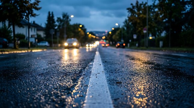 A wet asphalt road at night with car headlights reflecting in rain puddles on a suburban street