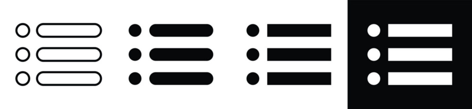 Set of bulleted list icons, checklist and menu symbols in outline and solid design
