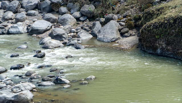 Mountain River Flowing Through Rocky Streambed in Natural Landscape
