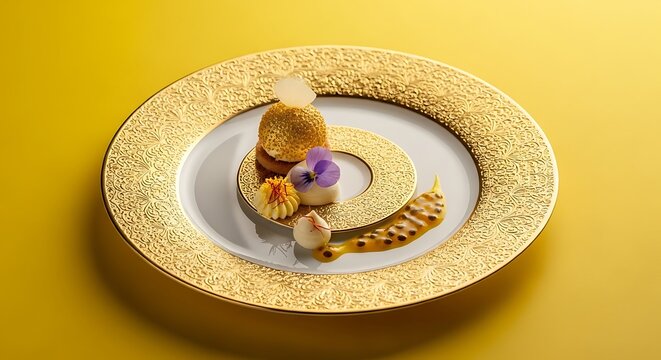 Elegant dessert presentation featuring a baked apple, caramelized pear, and pastry on a rustic plate.