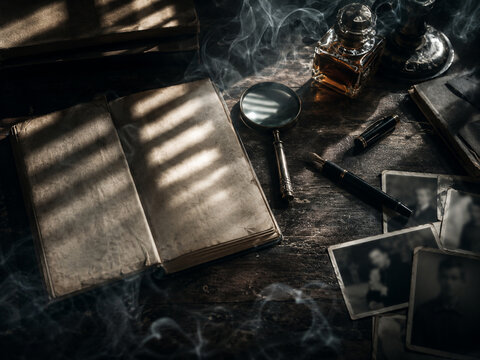 Moody vintage detective investigation layout with magnifying glass and open book