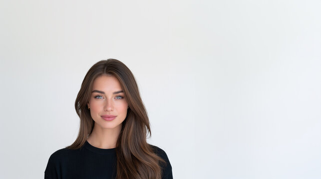 young woman corporate headshot with subtle smile, professional female employee portrait for business branding, realistic business woman portrait on white background for marketing