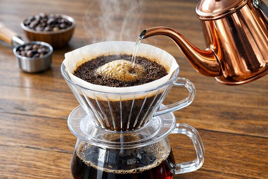 湯気と泡が立ち上る銅製ケトルで丁寧に淹れる本格ドリップコーヒー