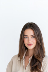 Obraz premium young woman corporate headshot with subtle smile, professional female employee portrait for business branding, realistic business woman portrait on white background for marketing