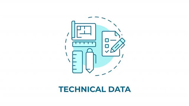 Technical data blue concept icon animation. Documentation specification standard. Architectural structural planning. Cyan circular animated abstract idea. HD video with alpha channel