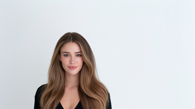 young woman corporate headshot with subtle smile, professional female employee portrait for business branding, realistic business woman portrait on white background for marketing