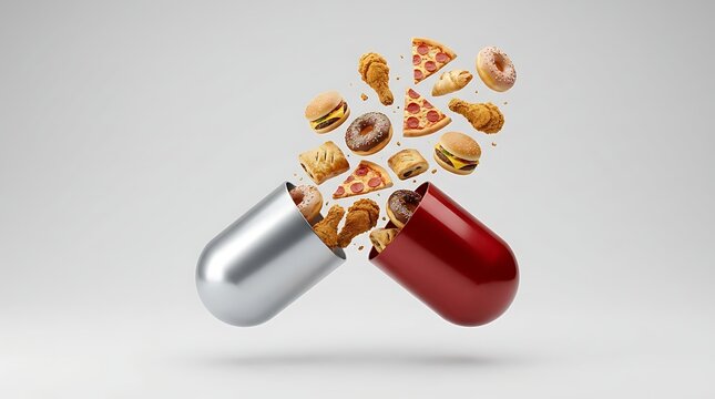 A conceptual medical pill capsule opening to reveal various unhealthy fast food items and junk food snacks