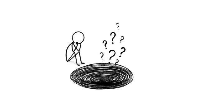 Hand drawn stick figure sitting alone in front of a dark hole with floating question marks. For depression, mental health struggle, anxiety, confusion, or therapy isolated on transparent background.