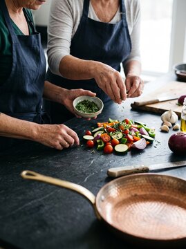 Two Women Preparing Healthy Vegetables Together in a Kitchen, Seasoning Fresh Chopped Ingredients for Cooking
