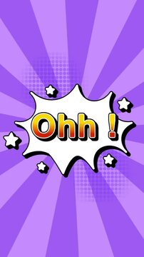 Ohh text word lettering popup comic cartoon reveal with bomb and smoke explosion manga anime book page dots radial speed lines doodle lavender background seamless loop vertical animation retro clip