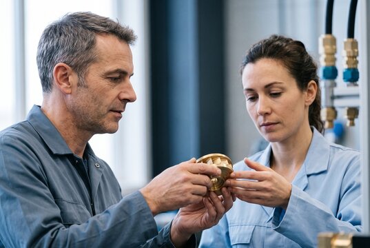Two professional engineers inspecting a precision metal mechanical part in a modern industrial factory laboratory
