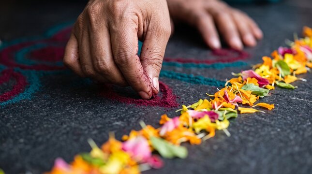 Close-up of a person's hands creating a traditional colorful rangoli pattern on the floor using colored powder and flower petals during an Indian festival celebration