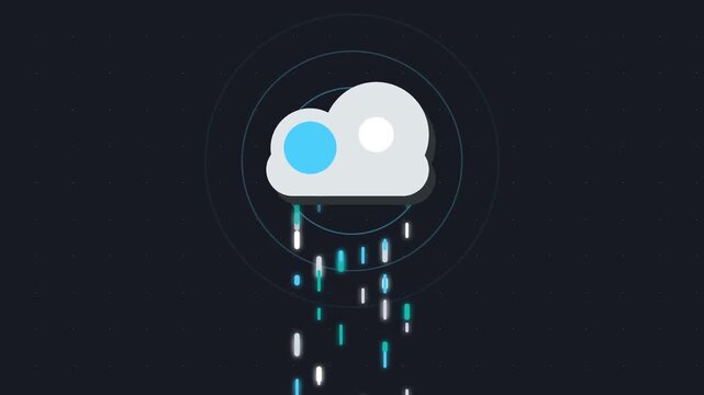 Stylized cloud icon with blue accent and falling data streams on a dark background, representing cloud computing or data transfer.