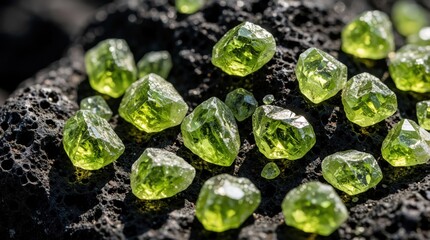 Fototapeta premium Raw green peridot crystals rest on dark volcanic stone surface. Natural rough olivine gems glow under sunlight. Macro view of unpolished mineral shards scattered across porous basalt rock. Geological