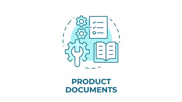 Product documents blue concept icon animation. Technical documentation workflow. Agile standard operating procedures. Cyan circular animated abstract idea. HD video with alpha channel