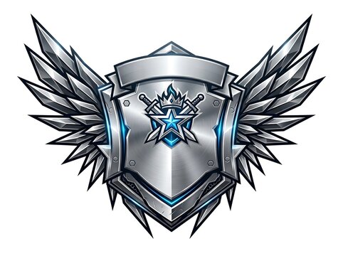 A detailed illustration of a metallic silver shield featuring large wings and a central blue star emblem for fantasy gaming design elements