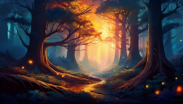 Whispers Of Dawn Touch Ancient Trees A Guiding Ember Pierces The Soft Gloom Showing The Way Forward Forest Serene