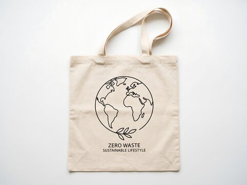 A reusable cotton tote bag featuring a hand drawn world map illustration isolated on a clean white background for eco friendly concepts