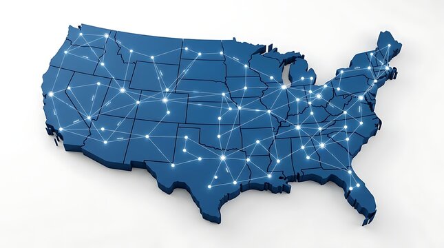 Three dimensional map of the united states with glowing network nodes and connected lines for digital communication