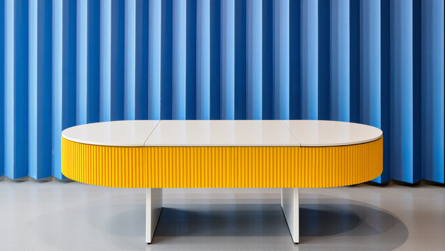 Modern Oval Table with Yellow Ribbed Sides and White Top