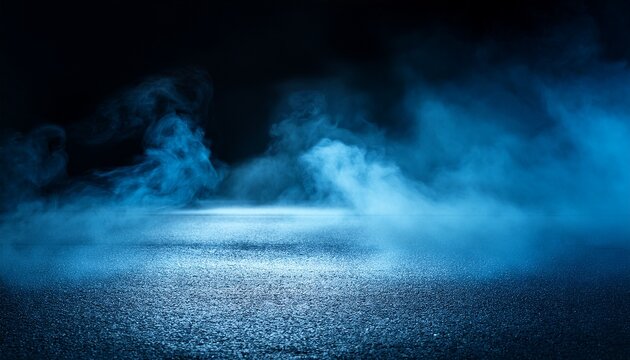 Extreme Close Up Of Blue Smoke And Fog On Asphalt With Black Defocused Background
