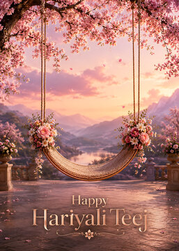 Happy hariyali teej romantic floral hammock beneath blooming pink tree at sunset overlooking serene mountains for dreamy kajari teej festival greeting design