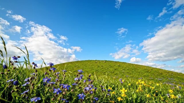 Beautiful green hill with wildflowers under a blue sky with clouds