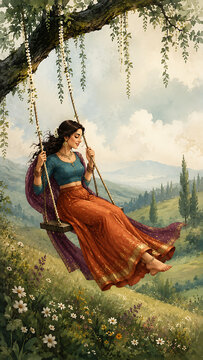 Happy hariyali teej elegant indian woman enjoying rustic tree swing above wildflower meadow and misty hills during scenic kajari teej monsoon celebration