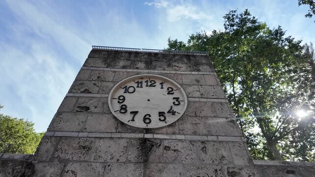 Aesthetic cinematic slow motion view of a vintage ornate clock tower in a park