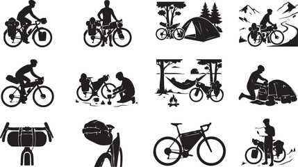 Collection of black silhouette showing bicycle touring, bikepacking, camping with bikes, and outdoor adventure cycling travel gear © MD