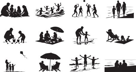 Obraz premium Collection of black silhouettes depicting families and children enjoying various summer beach activities and seaside vacation leisure time