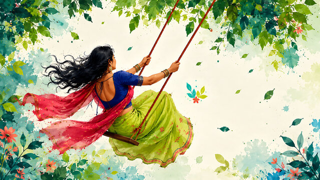 Happy hariyali teej watercolor illustration of indian woman flying on tree swing with flowing sari during kajari teej monsoon festival celebration design