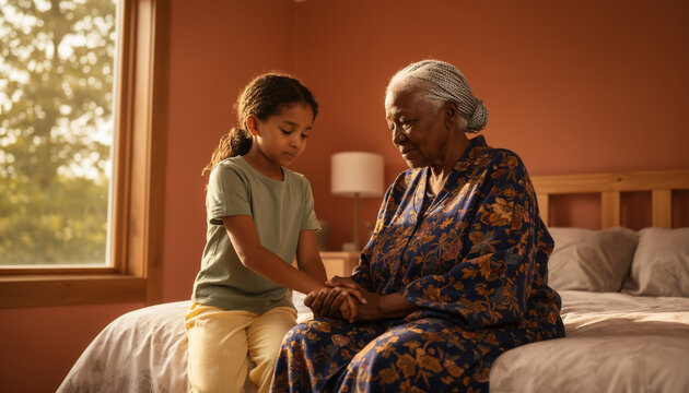 Loving african american grandmother and cute young granddaughter holding hands while sitting together on bed having gentle conversation in warm sunlit room