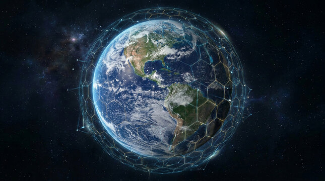 Intricate glowing hexagonal data mesh grid surrounding blue planet earth in outer space orbit.