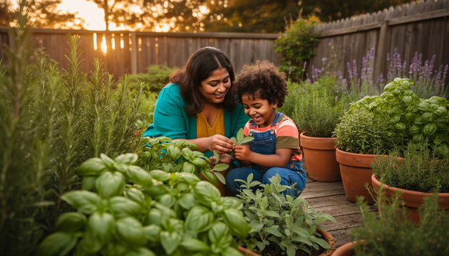 Happy young Hispanic mother and her little curly son examining fresh green herbs in potted plants while gardening together in a sunny backyard at golden hour