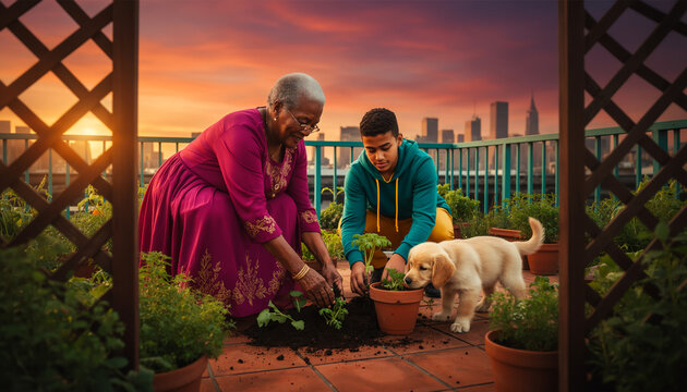 Smiling African American grandmother and teenage grandson planting flowers in an urban rooftop garden at sunset accompanied by a cute golden retriever puppy
