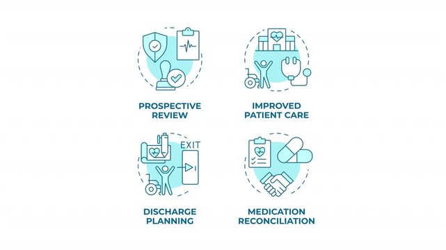 Patient transition management blue concept icons animation set. Healthcare utilization strategies. Holistic practice. Cyan circular animated abstract ideas. HD video collection with alpha channel
