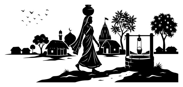 Indian woman carrying water pot on head in traditional village landscape silhouette style