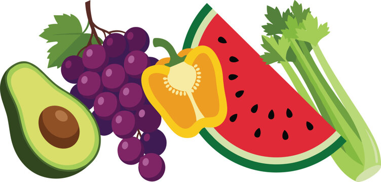 Fresh organic fruits and vegetables mix bundle with avocado grapes bell pepper watermelon celery vector illustration design
