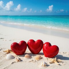 Fototapeta premium Three red heart shapes with seashells and starfish sit on a white sand beach. Turquoise ocean waves gently roll onto shore under a bright blue sky with white clouds.