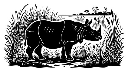 Rhinoceros standing in tall savannah grass with distant trees black and white vector silhouette © Camel