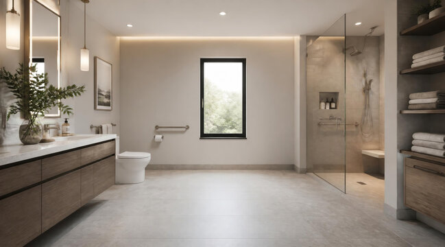 Modern bathroom interior design featuring accessible walk in shower