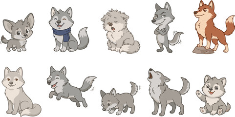 Cute cartoon wolf pup and wild canine character set vector illustration bundle for children storybook design
