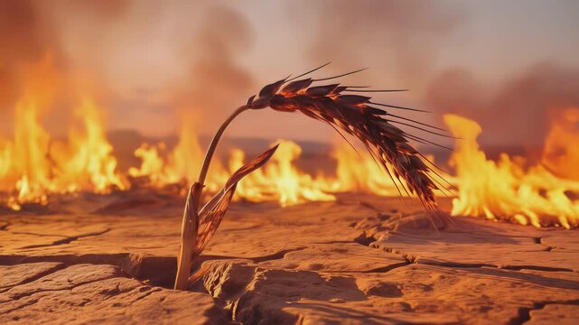 Single wheat stalk growing from cracked earth with fire in background. Panning and tilting camera movement.