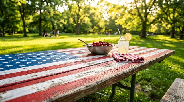 Outdoor picnic table with american flag tablecloth for labour day labor day and labour day usa celebrations